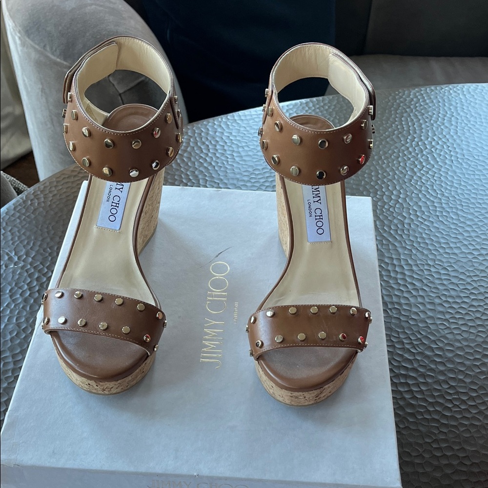 Jimmy Choo Tan Studded Wedge Sandals